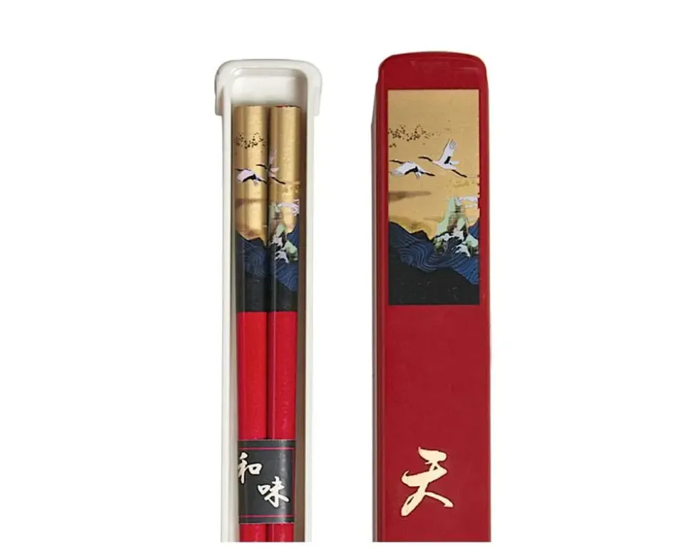 Cranes Chopsticks With Case - Red